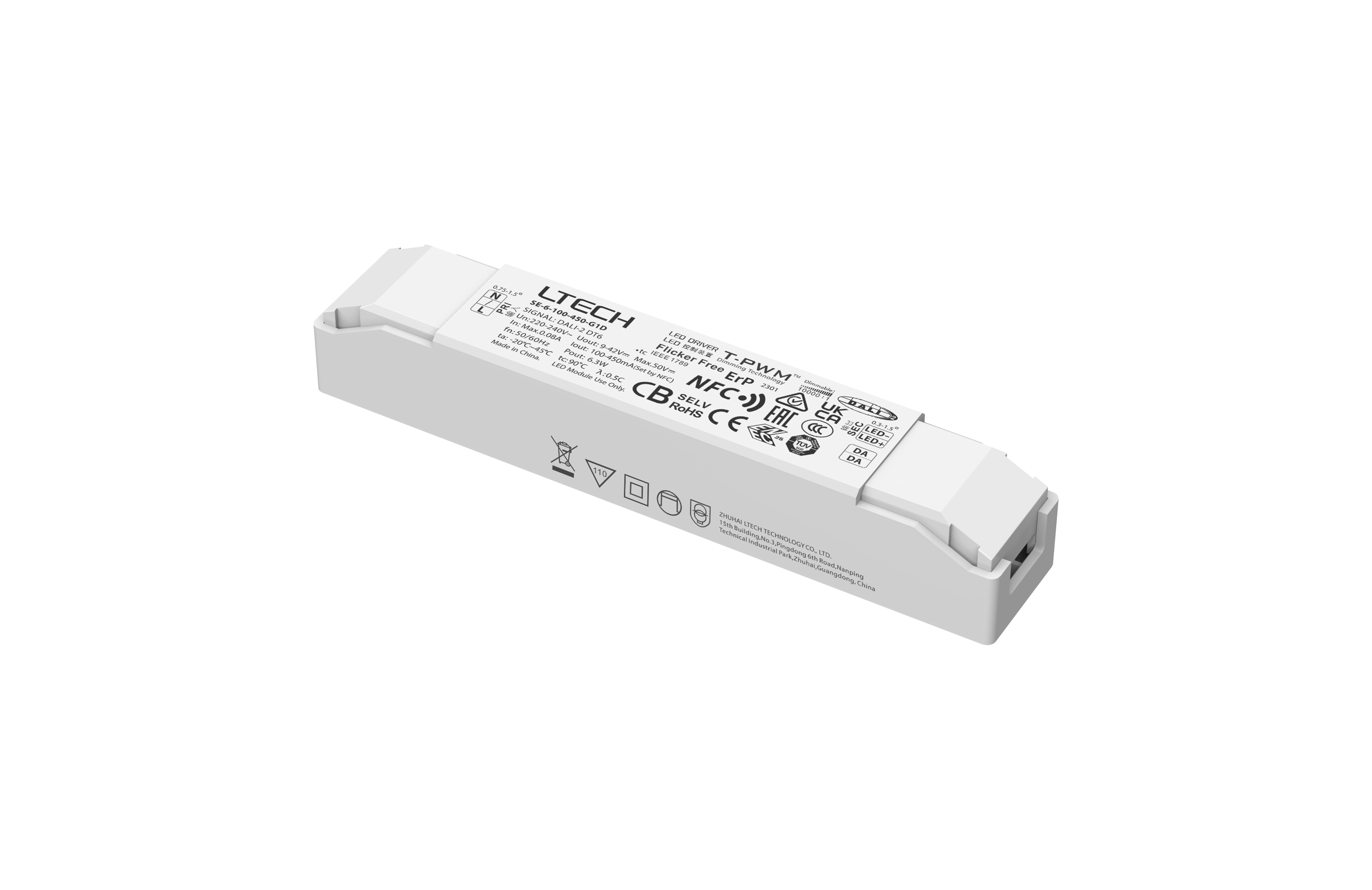 SE-6-100-450-G1D  Intelligent LED Driver, DALI  0-100% Dim, PWM Digital Dim,DALI DT6, CC 6W 100-450mA 9-42Vdc  Out put Range.0.9-6.3W , IP20, 5yrs Warrenty.